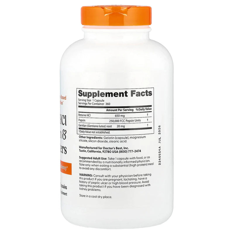 Betaine HCl Pepsin & Gentian Bitters 360 Capsules