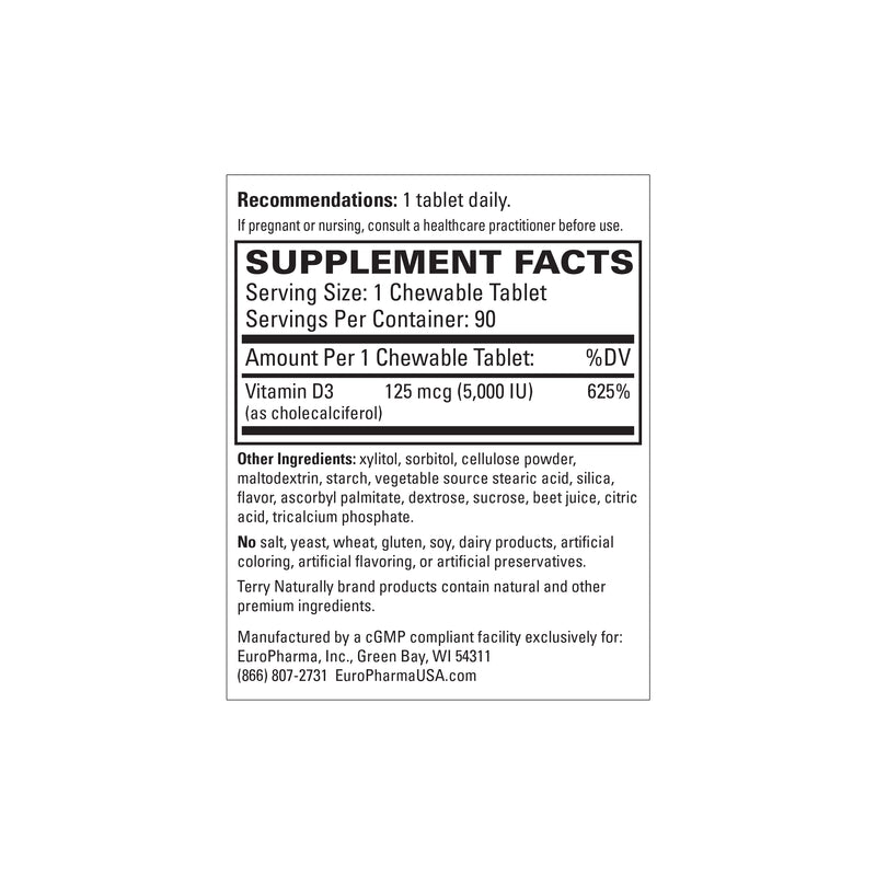 Terry Naturally Vitamin D3 Chewable 5,000 IU 90 Chewable Tablets