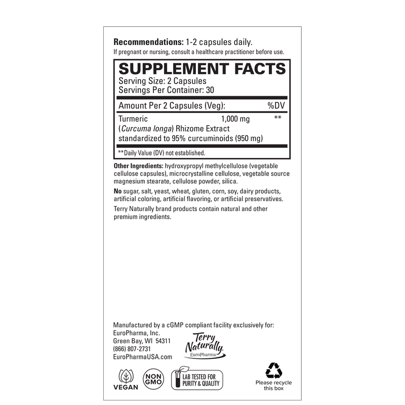 Terry Naturally, Extra Strength Turmeric 50X, High Potency Curcumin, 500 mg, 60 Capsules, by Europharma