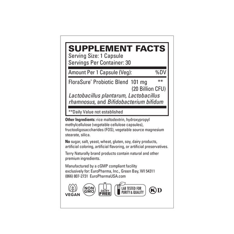 Terry Naturally FloraSure® Probiotic (formerly Colon & Bowel Probiotic) 30 Capsules, by Europharma