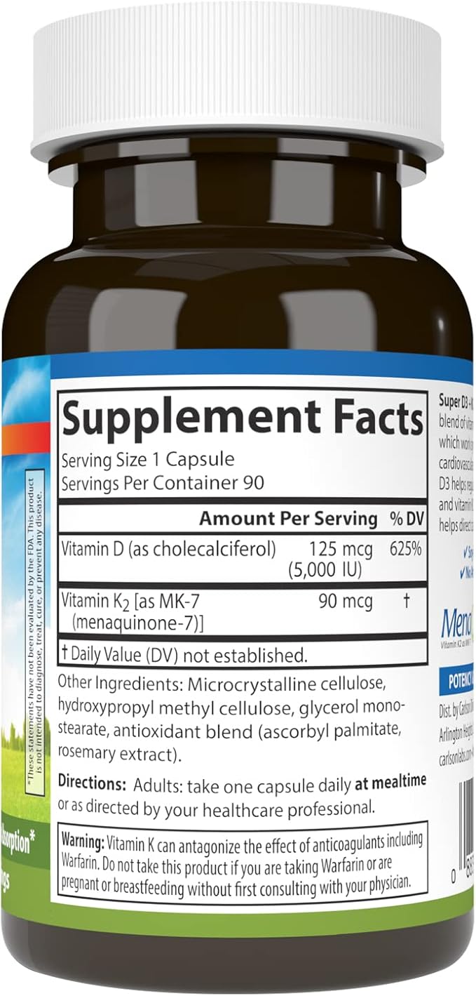 Super D3 + K2, 125 mcg (5,000 IU) & 90 mcg Vegetarian Capsules by Carlson