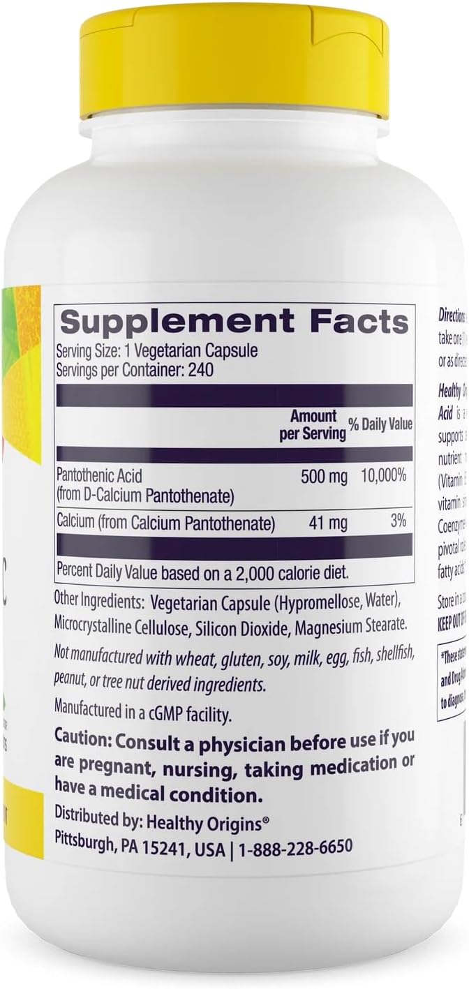 Pantothenic Acid 500mg 240 veggies caps by Healthy Origins