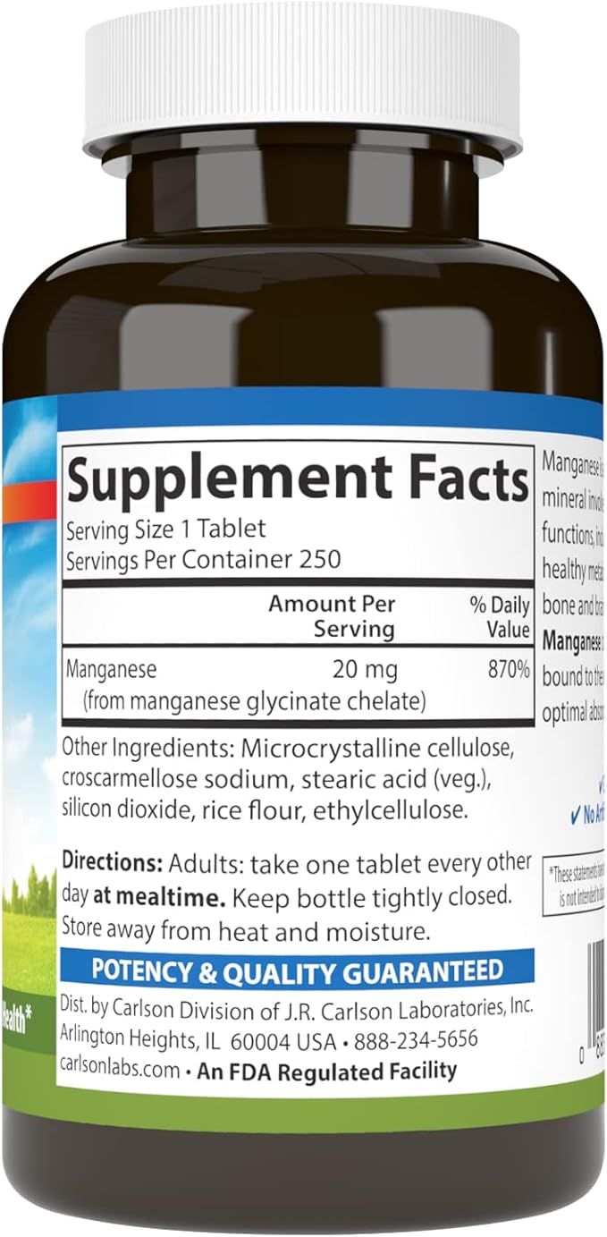 Chelated Manganese, 20 mg, 250 Tablets by Carlson