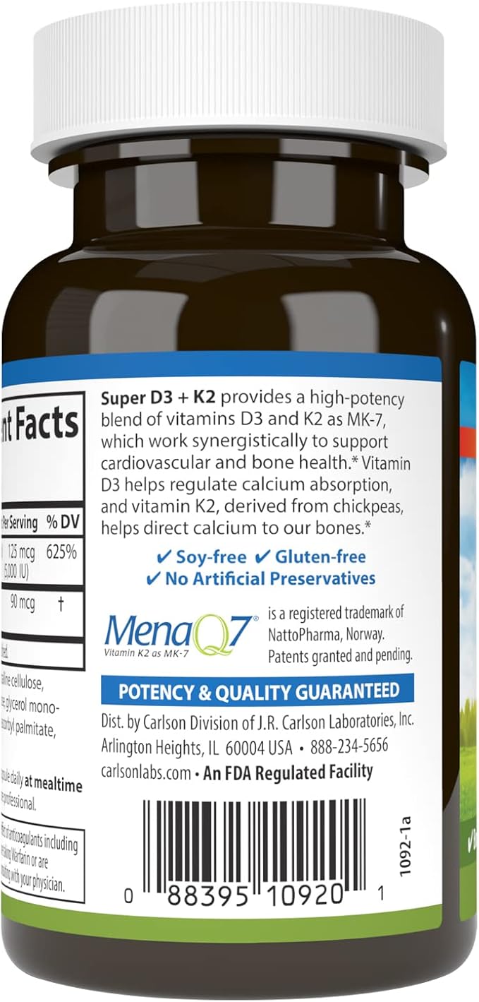 Super D3 + K2, 125 mcg (5,000 IU) & 90 mcg Vegetarian Capsules by Carlson