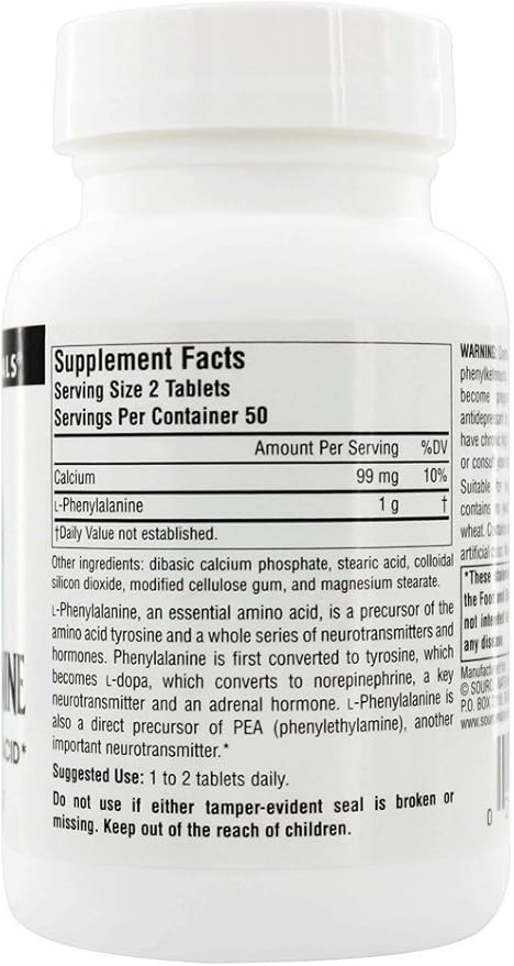 L-Phenylalanine, 100 Tablets, 500 mg  by Source Naturals