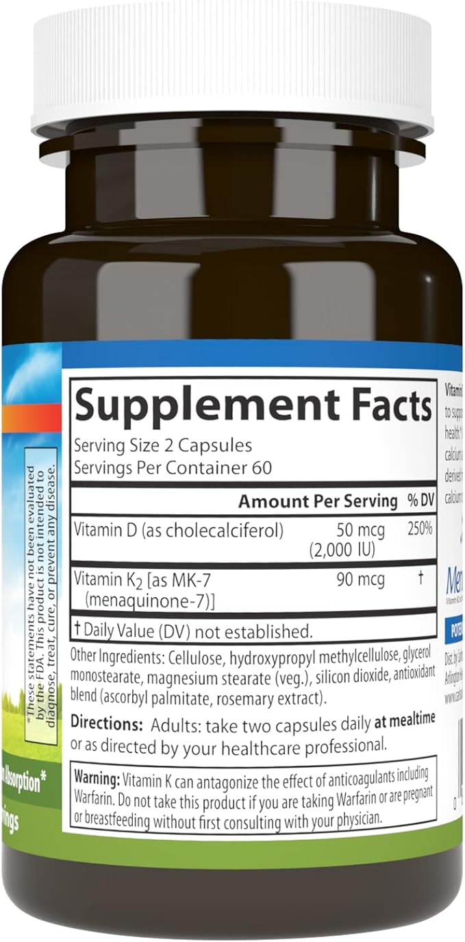 Vitamin D3 + K2, 50 mcg (2,000 IU) & 90 mcg 120 Vegetarian Capsules by Carlson