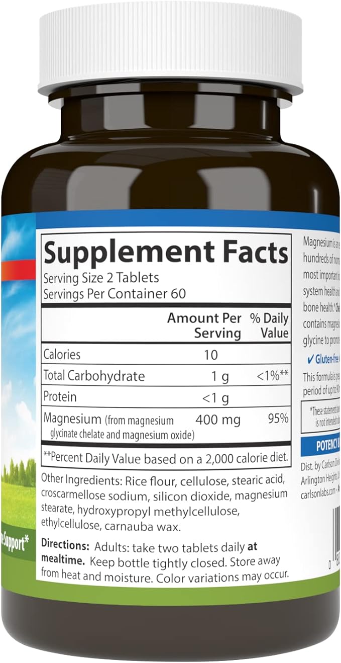 Chelated Magnesium Glycinate 400 mg, 120 Tablets by Carlson