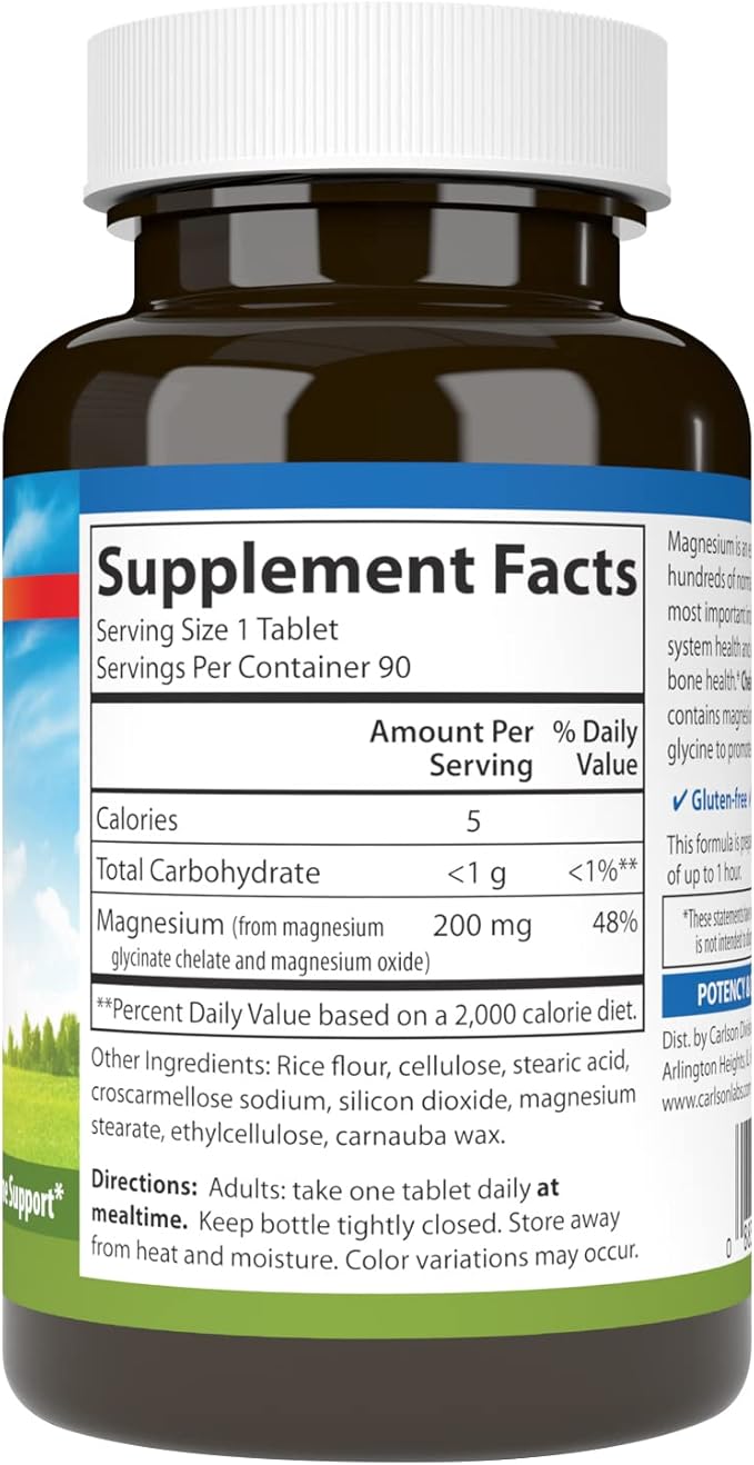 Chelated Magnesium Glycinate, 200 mg, 90 Tablets by Carlson