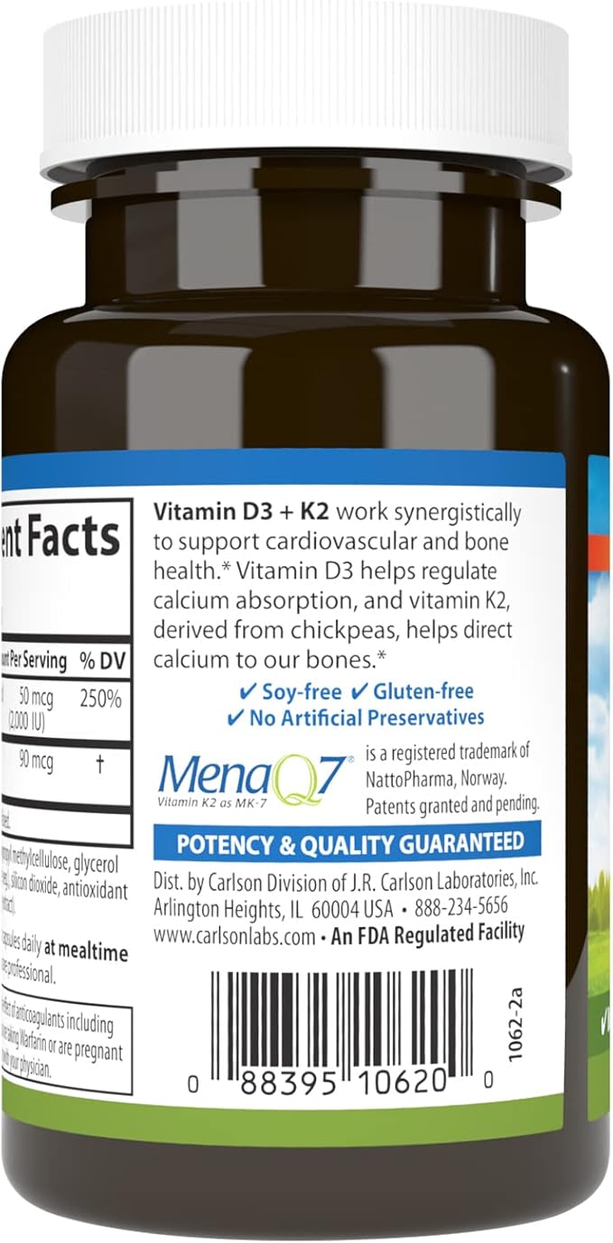 Vitamin D3 + K2, 50 mcg (2,000 IU) & 90 mcg 120 Vegetarian Capsules by Carlson