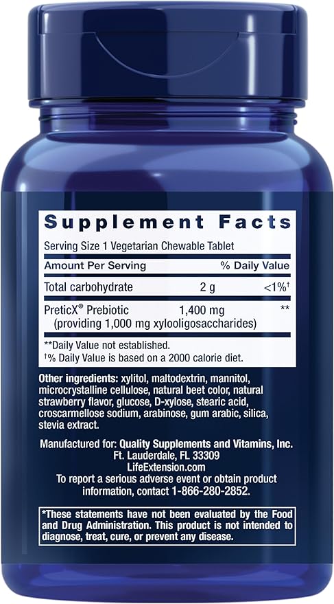 Florassist Prebiotic Chewable, Natural Strawberry, 60 Vegetarian Chewable Tablets (1,400 mg per Tablet) by Life Extension