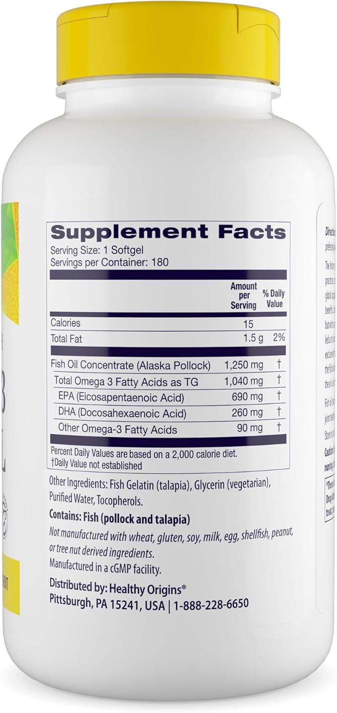 Triple Strength Omega-3 Fish Oil 1250mg from Wild Alaska Pollock, 180 Softgels by Healthy Origins