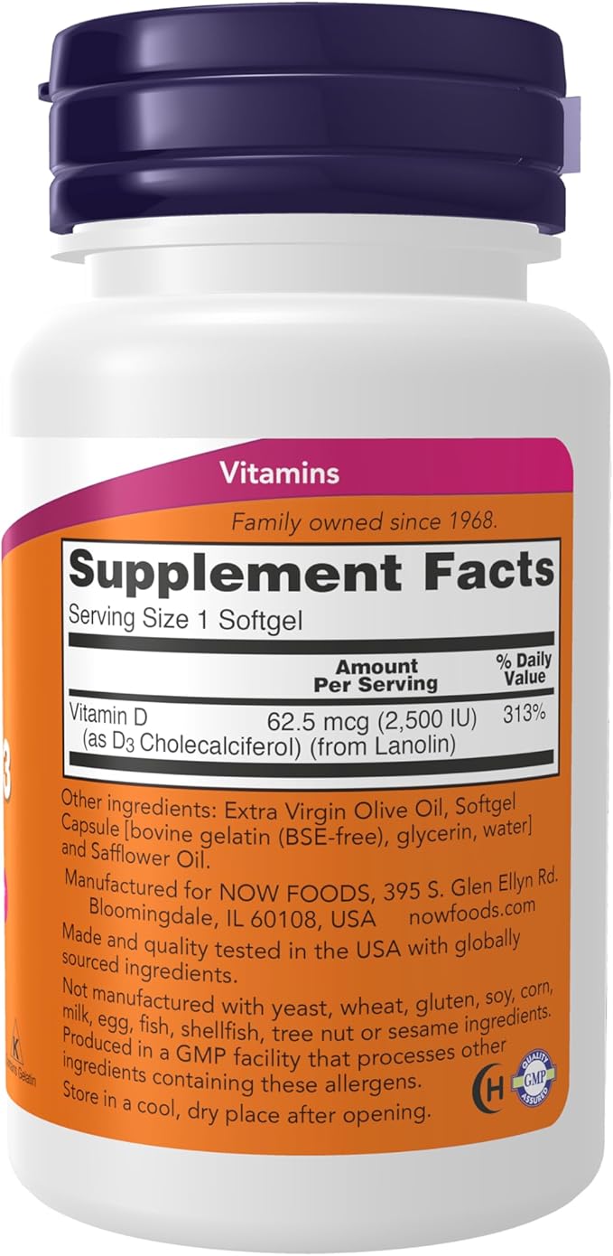 Vitamin D3 2500 IU - 180 Softgels by NOW