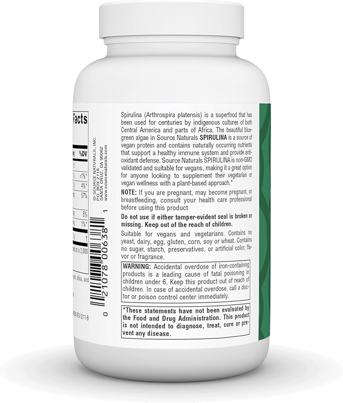 Spirulina 500 mg, 200 Tablets, by Source Naturals