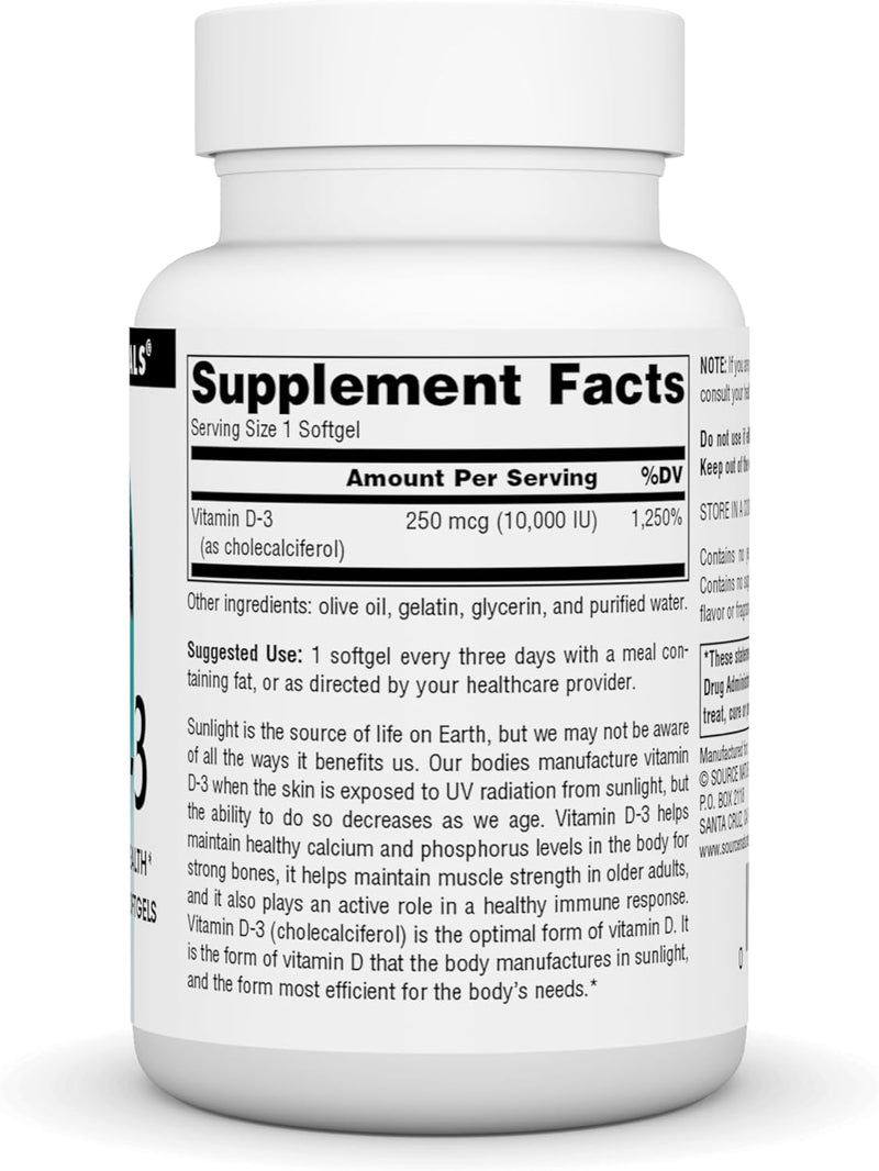 Vitamin D-3, 250 mcg (10,000 IU) - 240 Softgels by Source Naturals