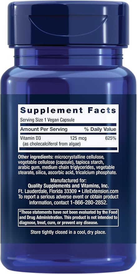 Vegan Vitamin D3, 125 mcg (5000 IU), 60 Vegan Capsules by Life Extension