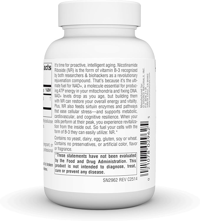 NR (Nicotinamide Riboside), 1,000 mg per Serving - 60 Vegan Capsules by Source Naturals