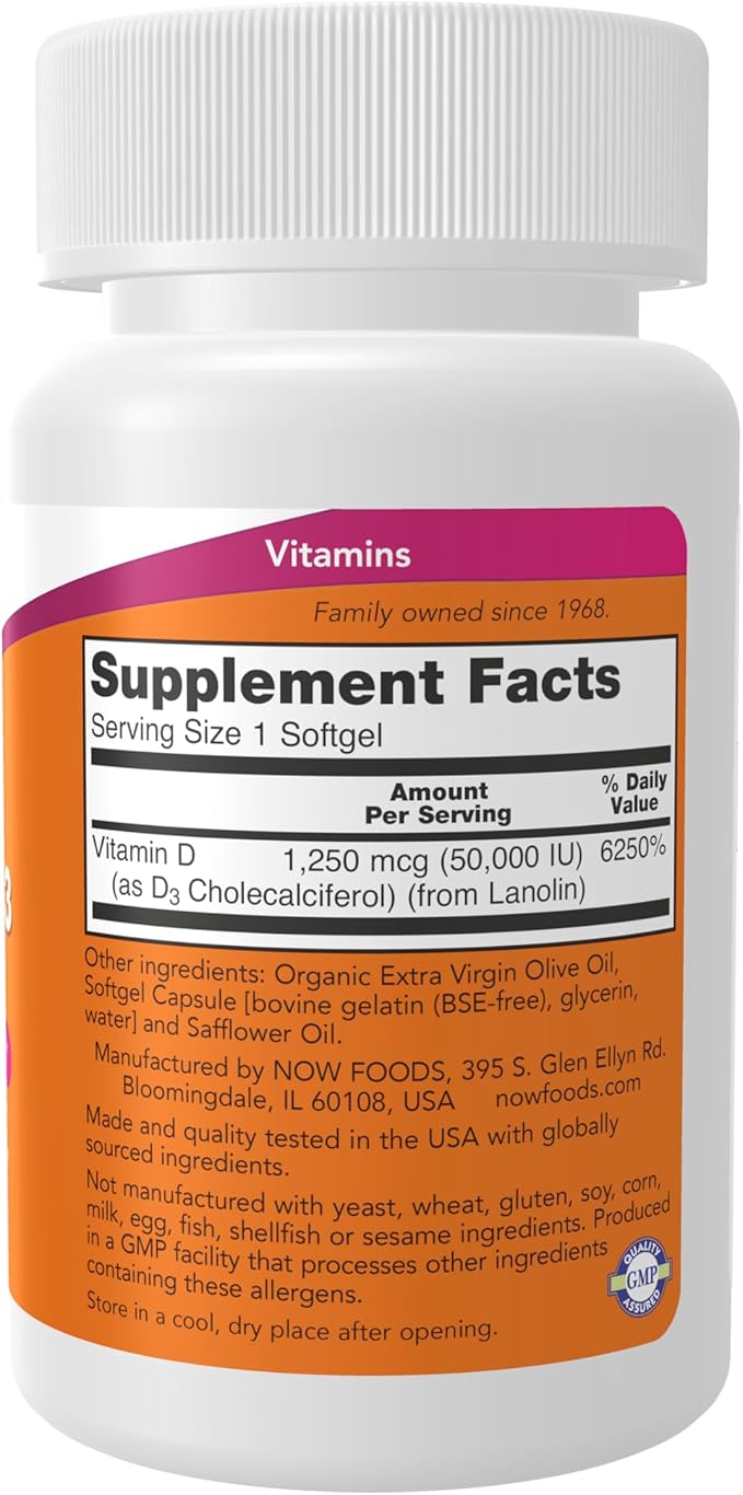 Vitamin D-3, Max Potency, 50,000 IU, 50 Softgels by NOW
