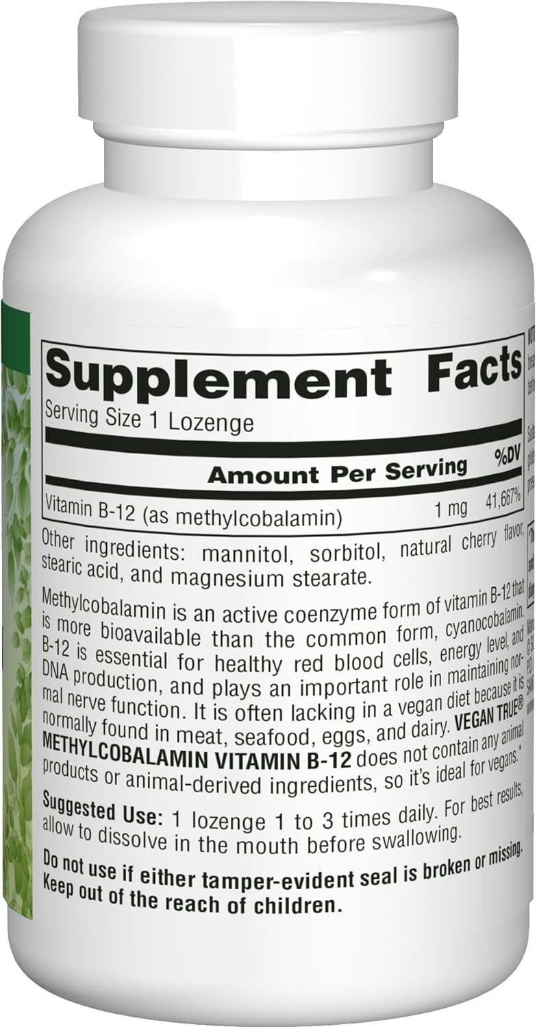 Vegan True, MethylCobalamin Vitamin B-12, Cherry , 1 mg, 60 Lozenges by Source Naturals