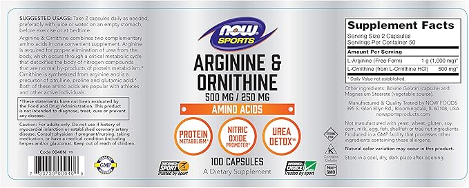 Arginine & Ornithine 500 mg / 250 mg - 100 Veg Capsules by NOW
