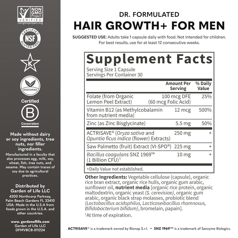 Hair Growth+ for Men, 30 Vegetarian Capsules by Garden of Life