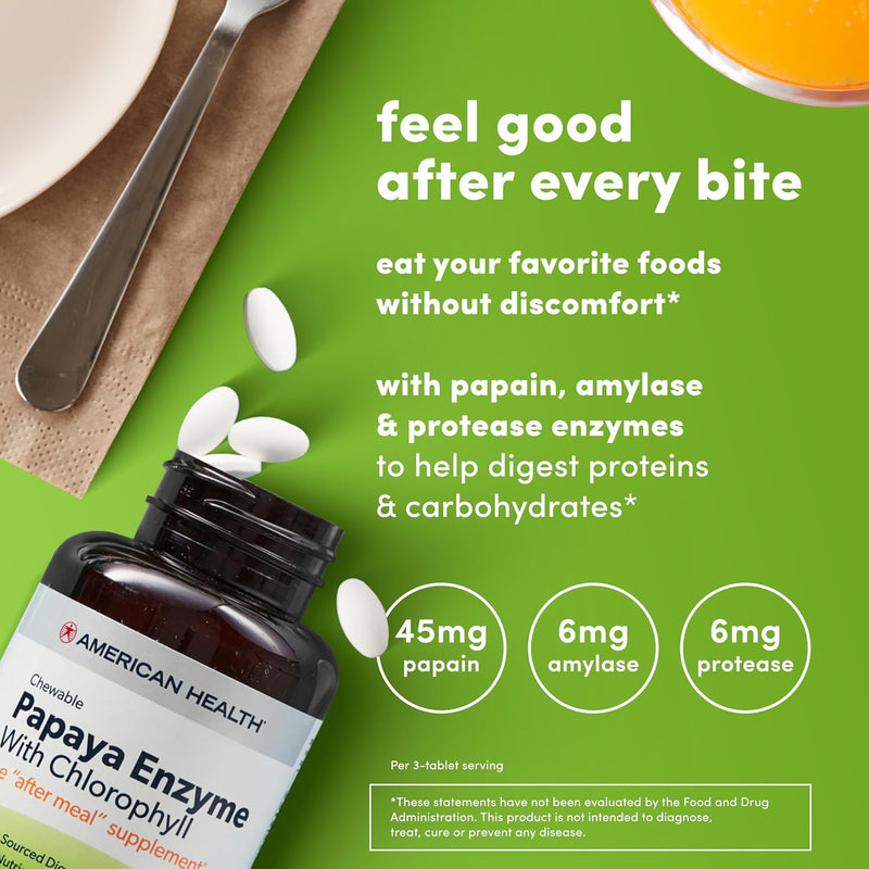 Papaya Enzyme with Chlorophyll 100 Chewable Tablets by American Health
