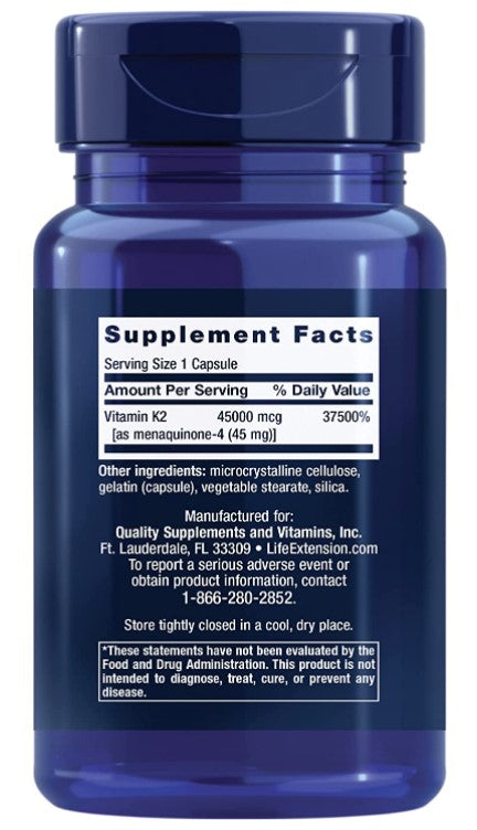 Mega Vitamin K2, 45,000 mcg (45 mg) 30 Capsules, by Life Extension