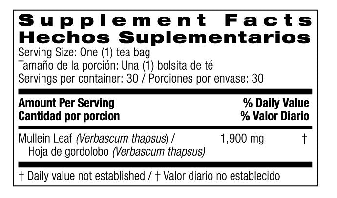 Mullein Leaf Tea Caffeine Free 30 Tea Bags, 2.01 oz (57 gm) by Bio Nutrition