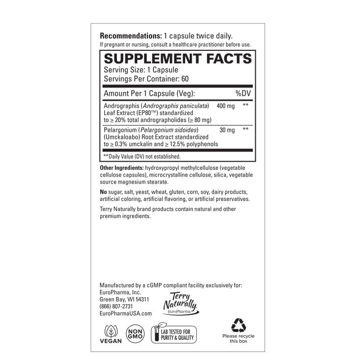 Terry Naturally Andrographis EP80 with Umckaloabo, 60 Capsules, by Europharma