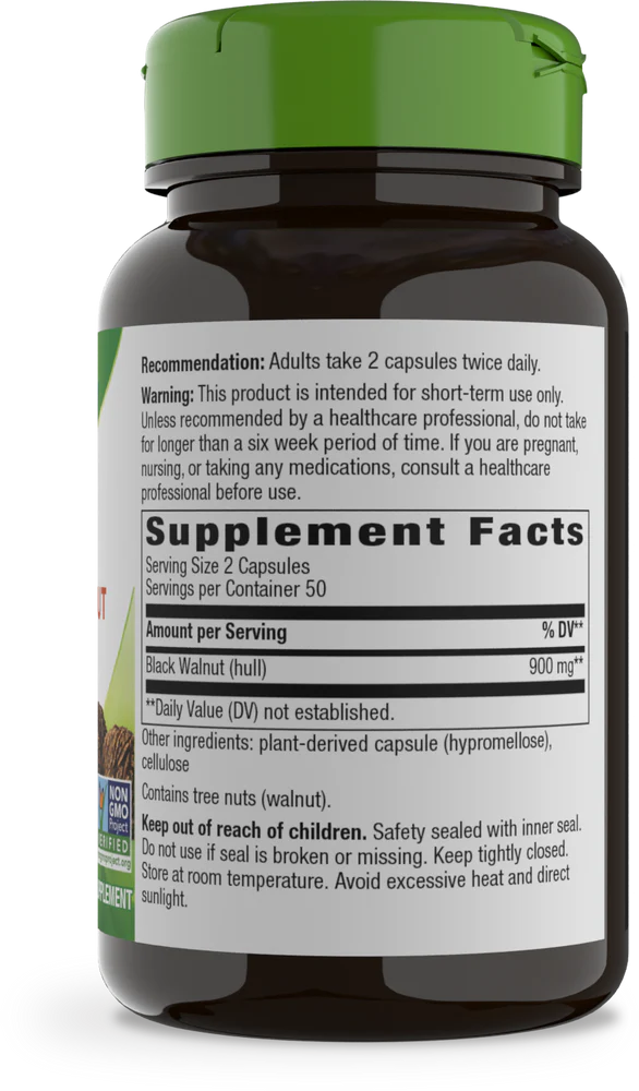 Black Walnut Hulls 900 mg 100 Veg Capsules by Nature&
