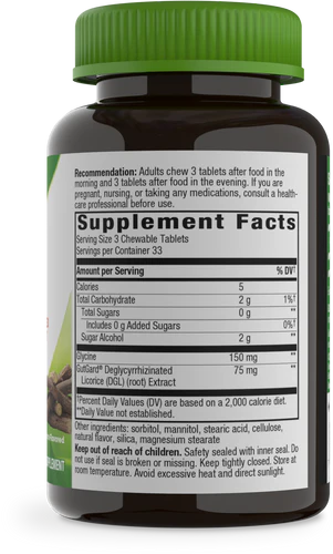 DGL Deglycyrrhizinated Licorice (Sugar Free) 100 Chewable Tablets