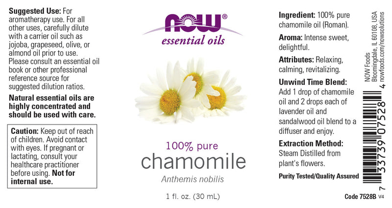 NOW Essential Oils, Chamomile Oil, Delightful Aromatherapy Scent, Steam Distilled, 100% Pure, Vegan, Child Resistant Cap, 1-Ounce