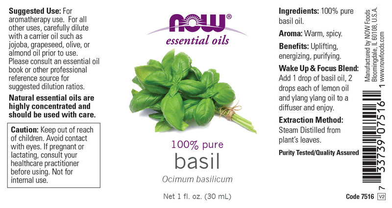 NOW Essential Oils, Basil Oil, Energizing Aromatherapy Scent, Stream Distilled, 100% Pure, Vegan, Child Resistant Cap, 1-Ounce