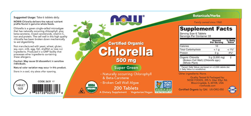 Chlorella Certified Organic 500 mg 200 Tablets | By Now Foods - Best Price