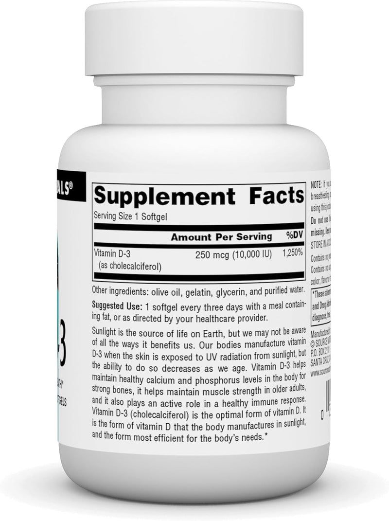 Vitamin D-3, 250 mcg (10,000 IU) - 60 Softgels by Source Naturals