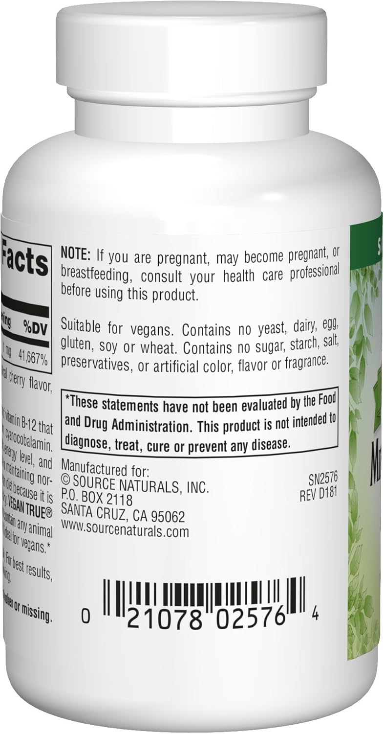 Vegan True, MethylCobalamin Vitamin B-12, Cherry , 1 mg, 60 Lozenges by Source Naturals