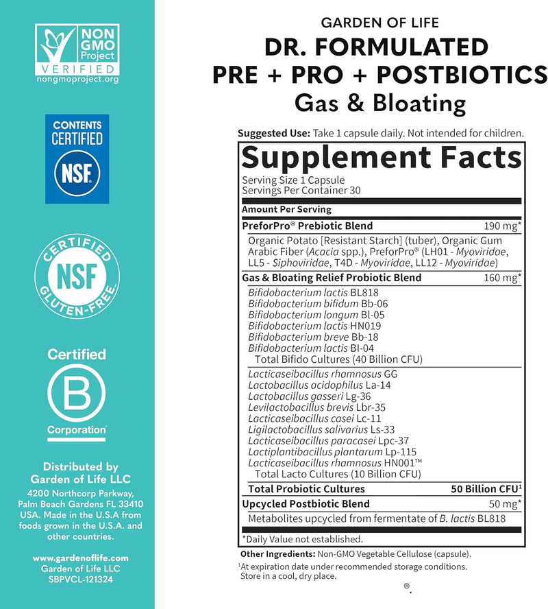 Probiotics Gas & Bloating, 50 Billion, 30 Vegetarian Capsules by Garden of Life