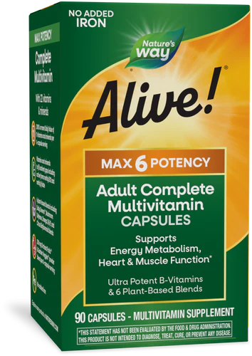 Alive! Max6 Daily Multi-Vitamin Max Potency No Added Iron 90 Veg Capsules
